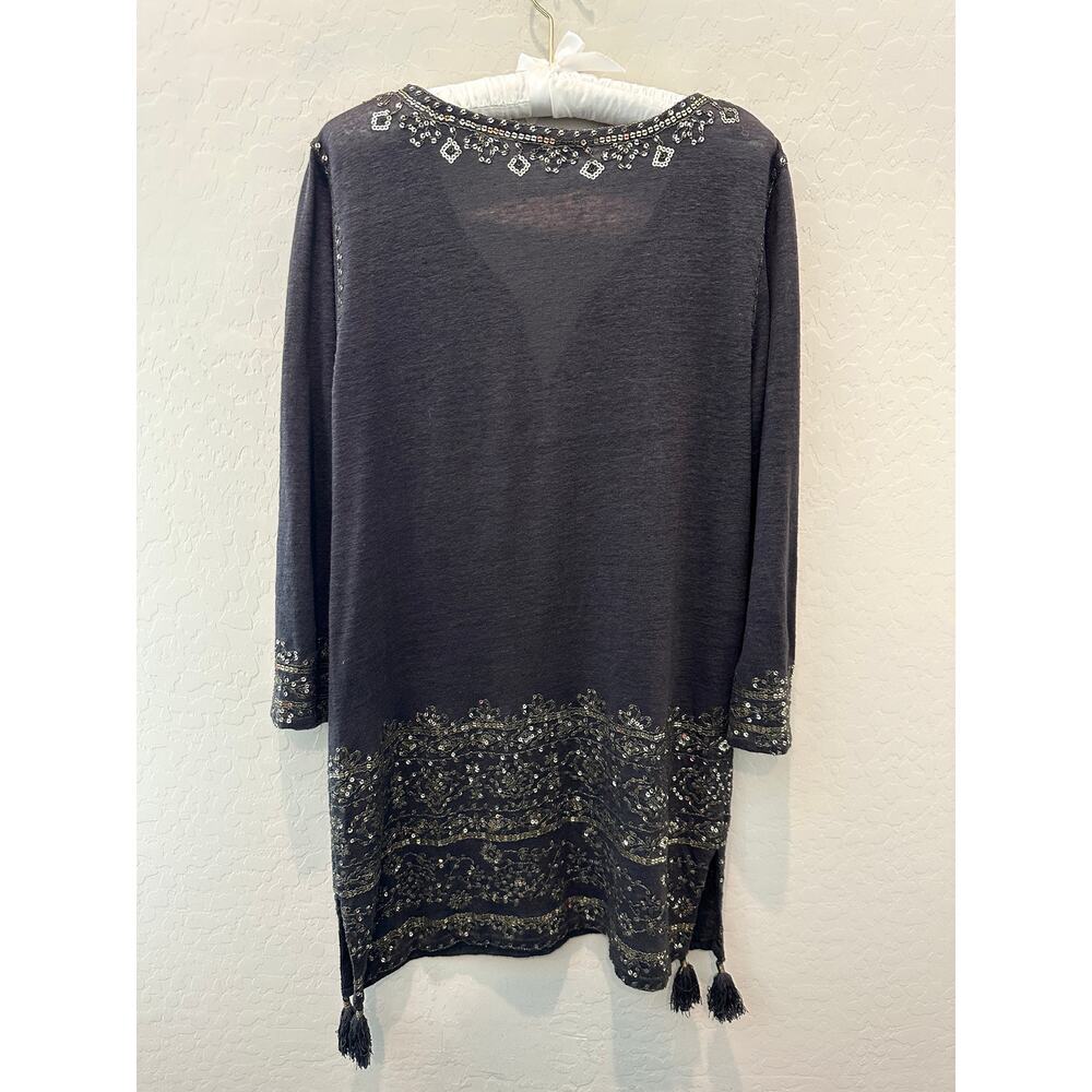 CALYPSO St. Barth 100% Linen Sequin Embellished Tunic Dress Boho Luxe Medium - Picture 6 of 9